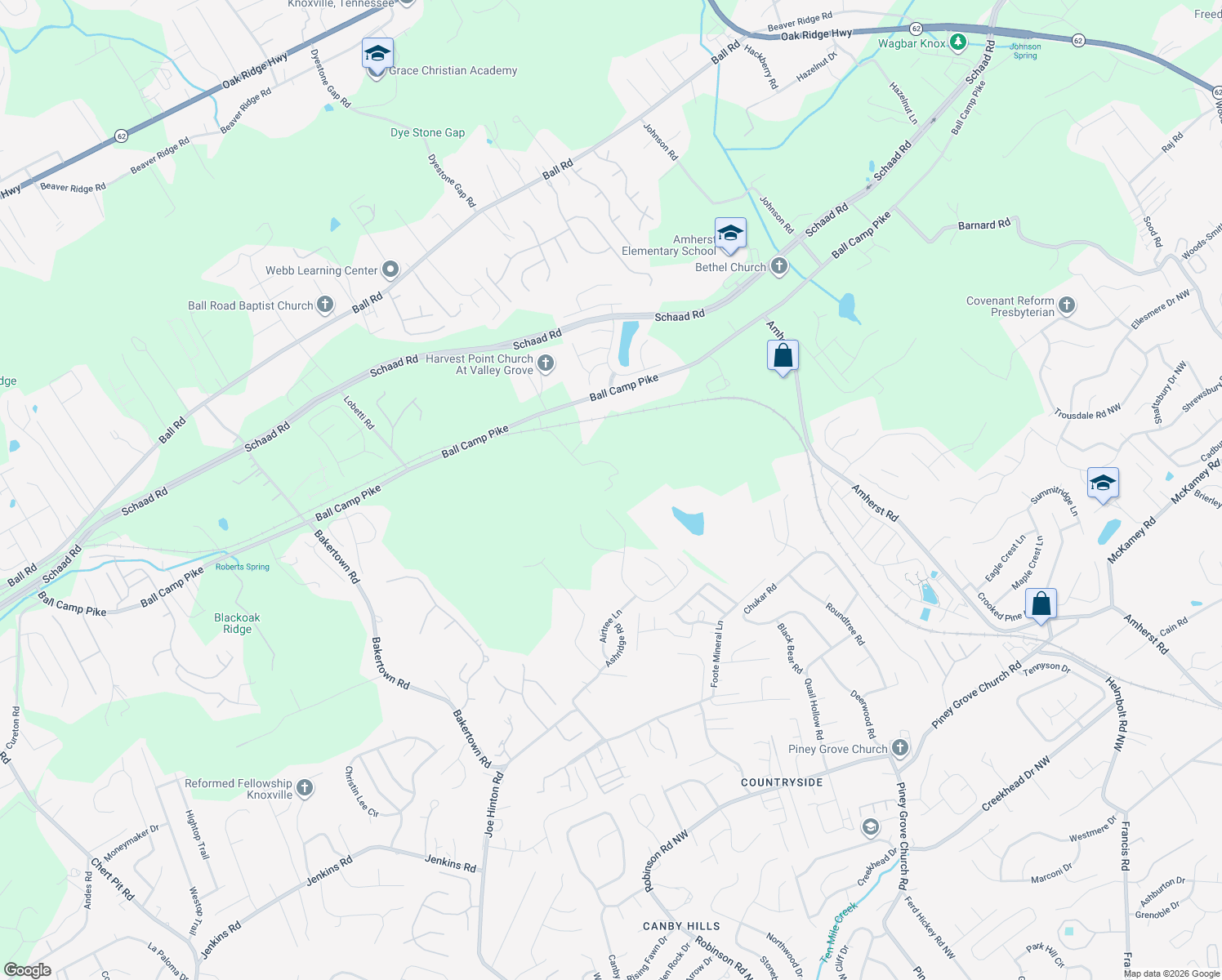 map of restaurants, bars, coffee shops, grocery stores, and more near 7510 Ball Camp Pike in Knoxville