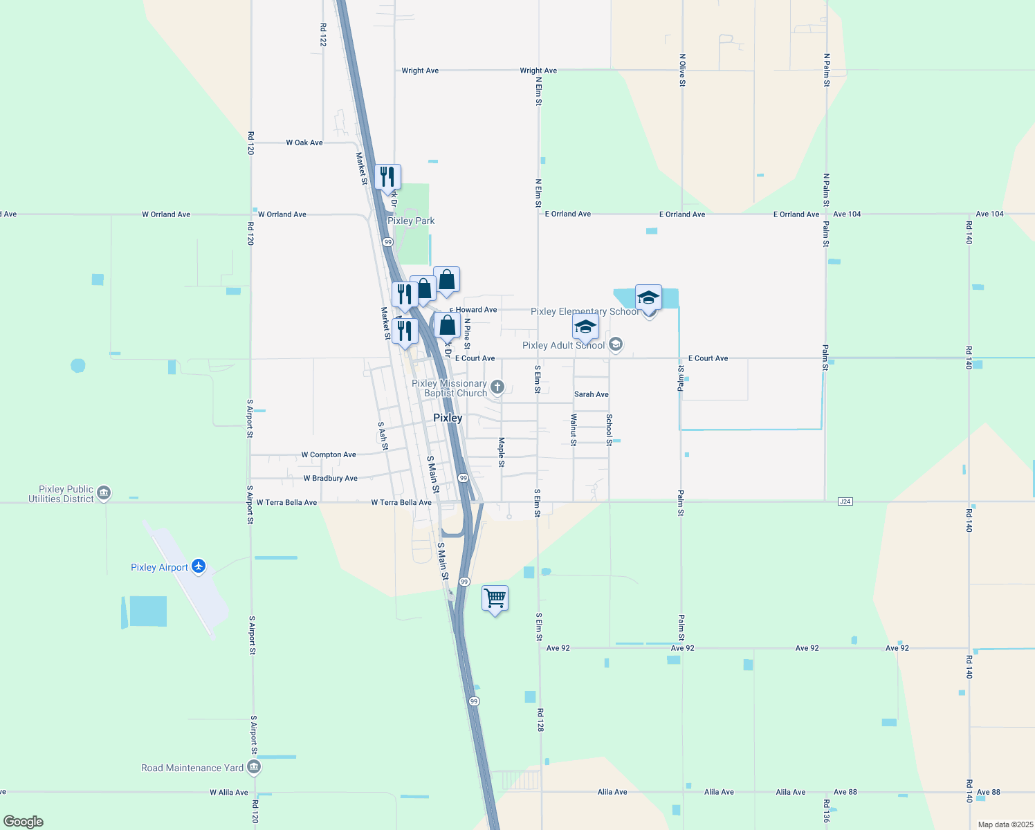 map of restaurants, bars, coffee shops, grocery stores, and more near 900 E Davis St in Pixley