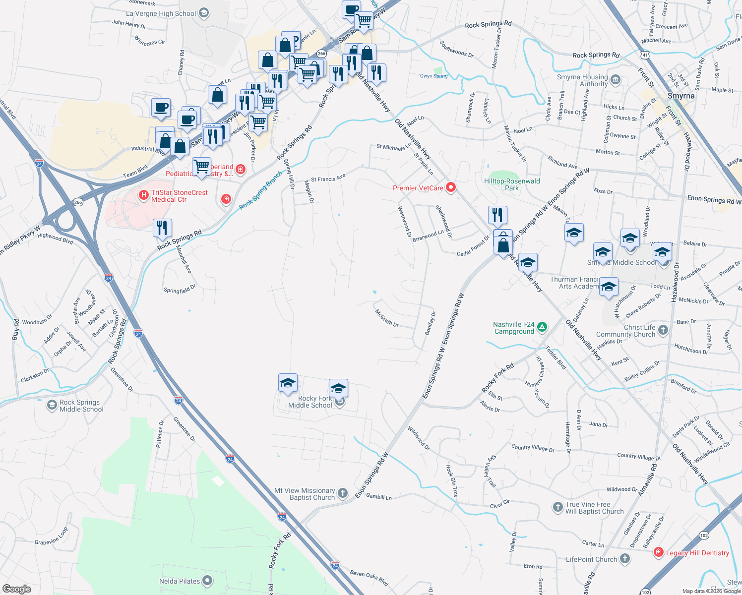 map of restaurants, bars, coffee shops, grocery stores, and more near 483 Williamsport Drive in Smyrna
