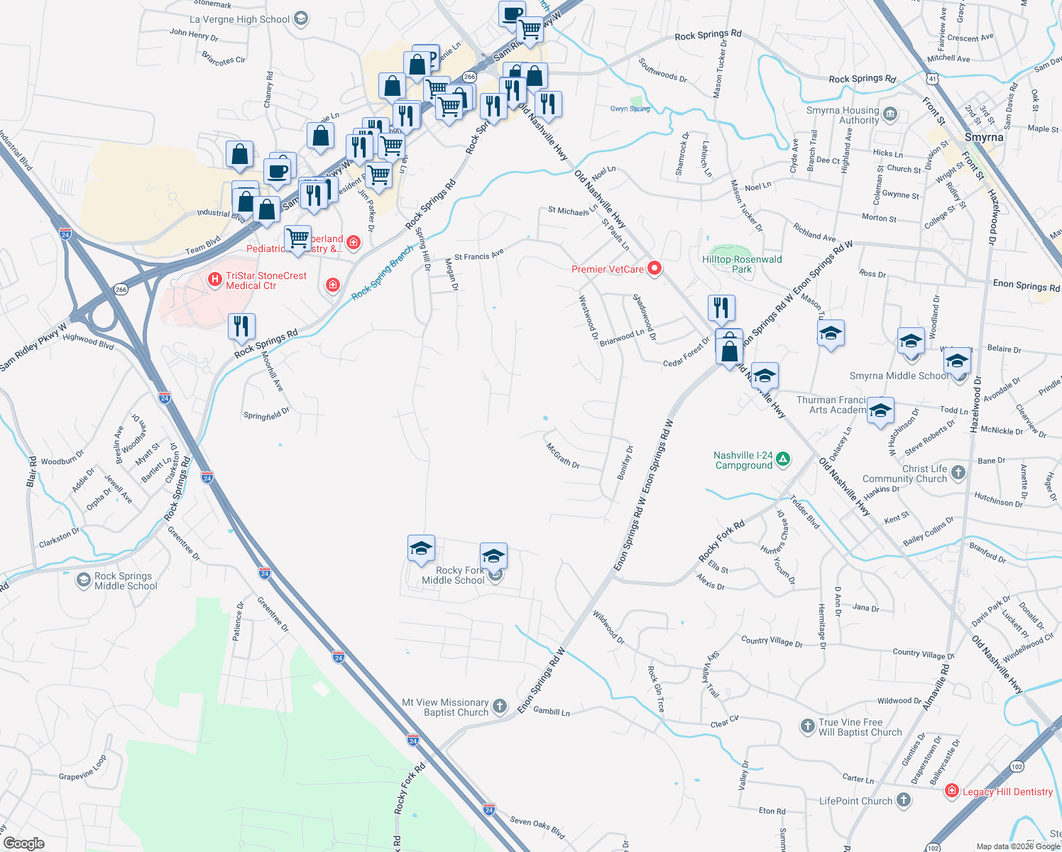 map of restaurants, bars, coffee shops, grocery stores, and more near 483 Williamsport Drive in Smyrna