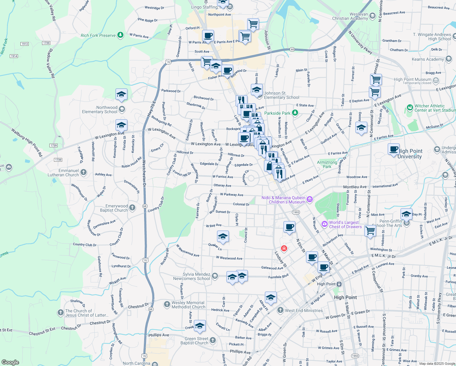 map of restaurants, bars, coffee shops, grocery stores, and more near 322 Otteray Avenue in High Point