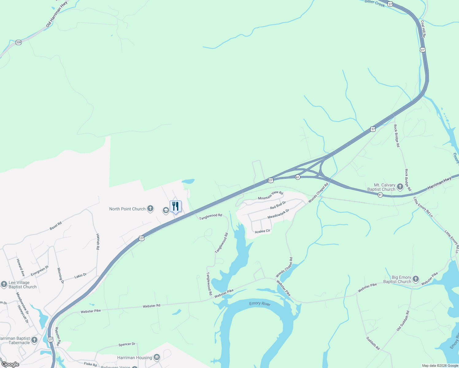 map of restaurants, bars, coffee shops, grocery stores, and more near 143 Ridge Crest Road in Harriman