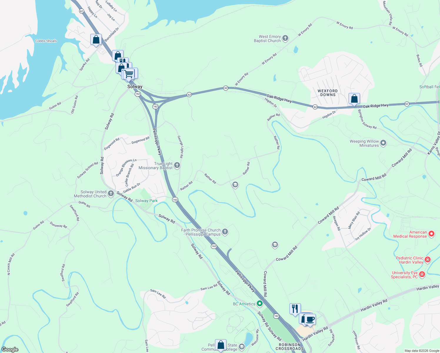 map of restaurants, bars, coffee shops, grocery stores, and more near 10513 Rather Road in Knoxville
