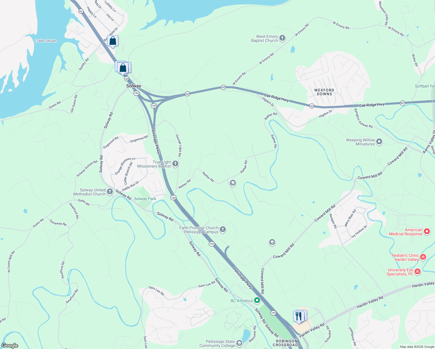 map of restaurants, bars, coffee shops, grocery stores, and more near 10513 Rather Road in Knoxville