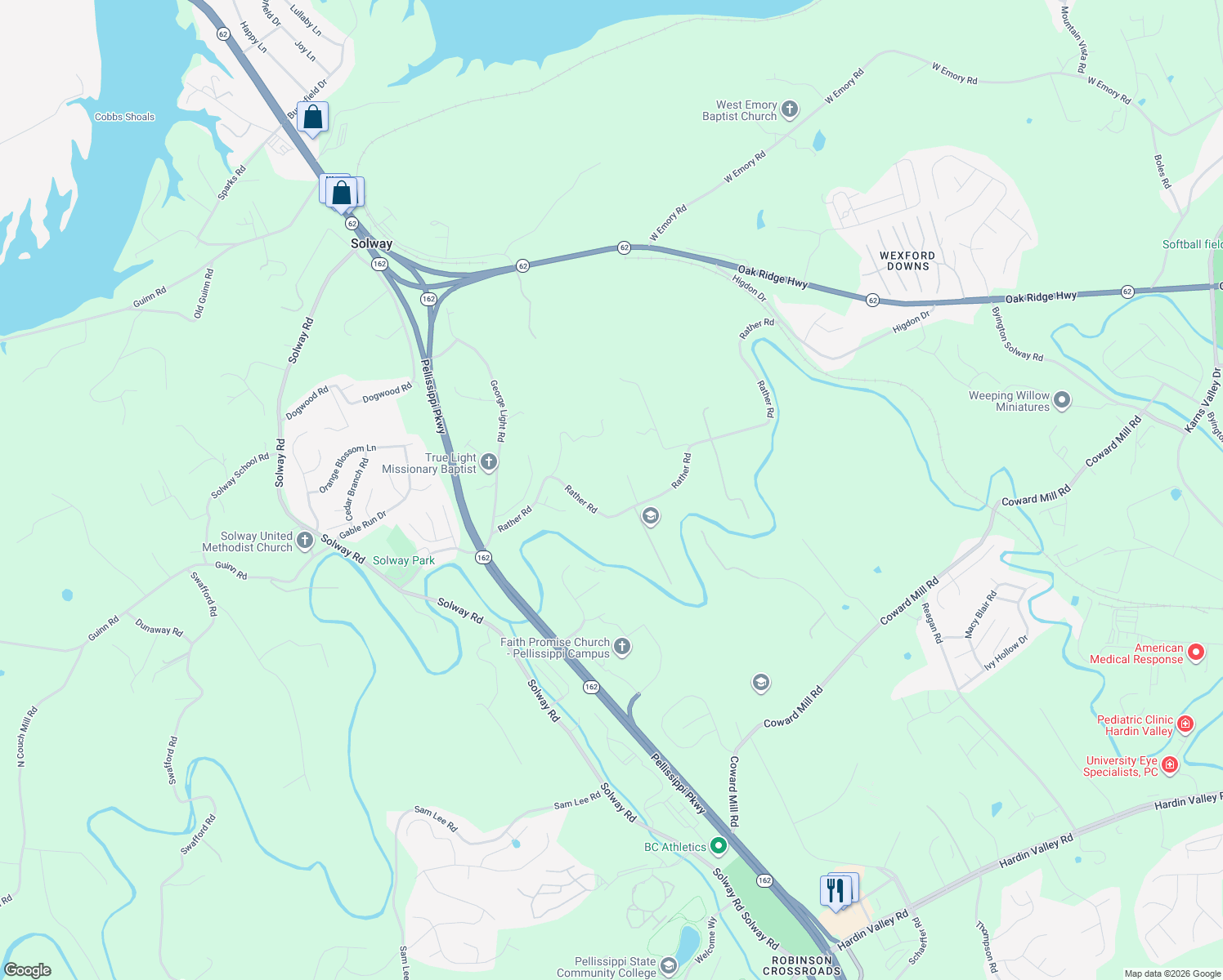map of restaurants, bars, coffee shops, grocery stores, and more near 10513 Rather Road in Knoxville