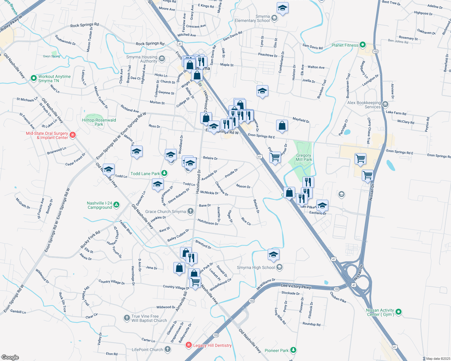 map of restaurants, bars, coffee shops, grocery stores, and more near 116 Prindle Drive in Smyrna