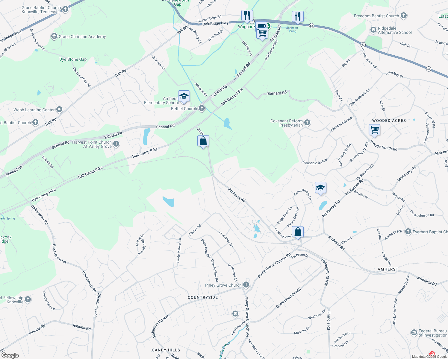 map of restaurants, bars, coffee shops, grocery stores, and more near 2811 Mossy Oaks Lane in Knoxville