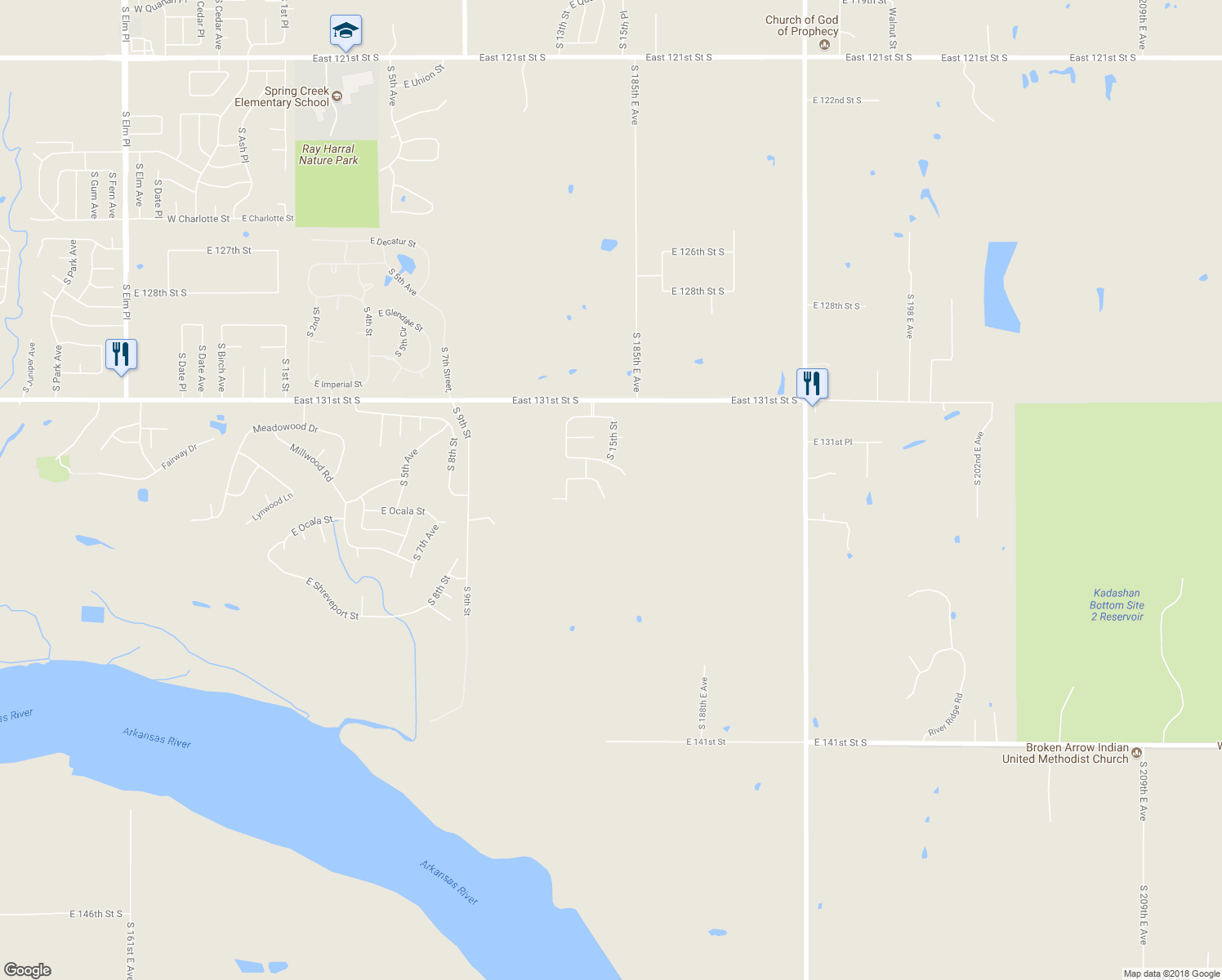 map of restaurants, bars, coffee shops, grocery stores, and more near 8215 South 14th Place in Broken Arrow