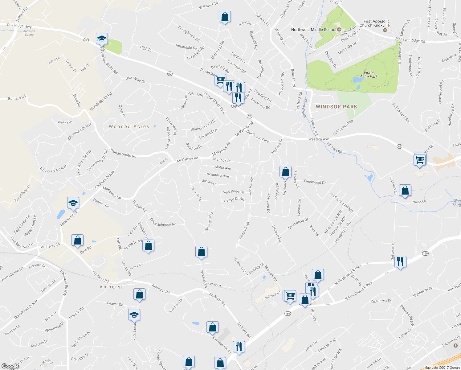 map of restaurants, bars, coffee shops, grocery stores, and more near 5600 Jamaica Lane in Knoxville