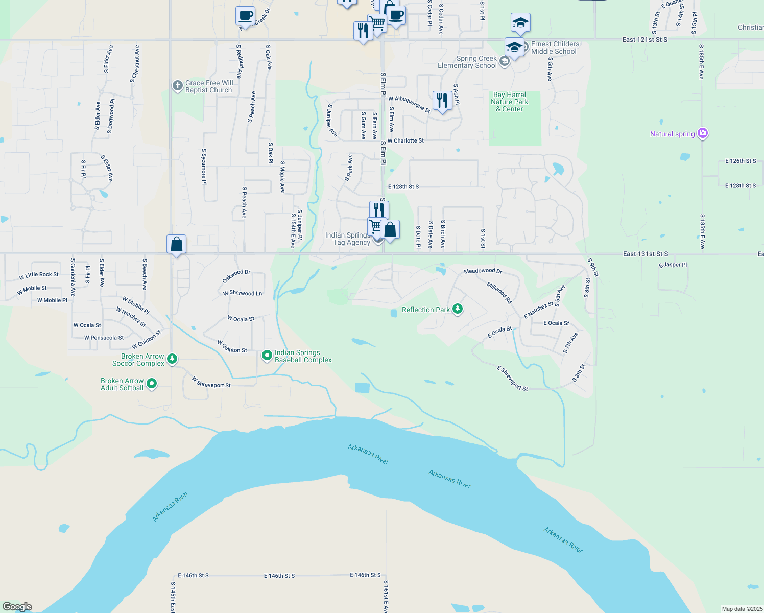 map of restaurants, bars, coffee shops, grocery stores, and more near 519 Fairway Drive in Broken Arrow