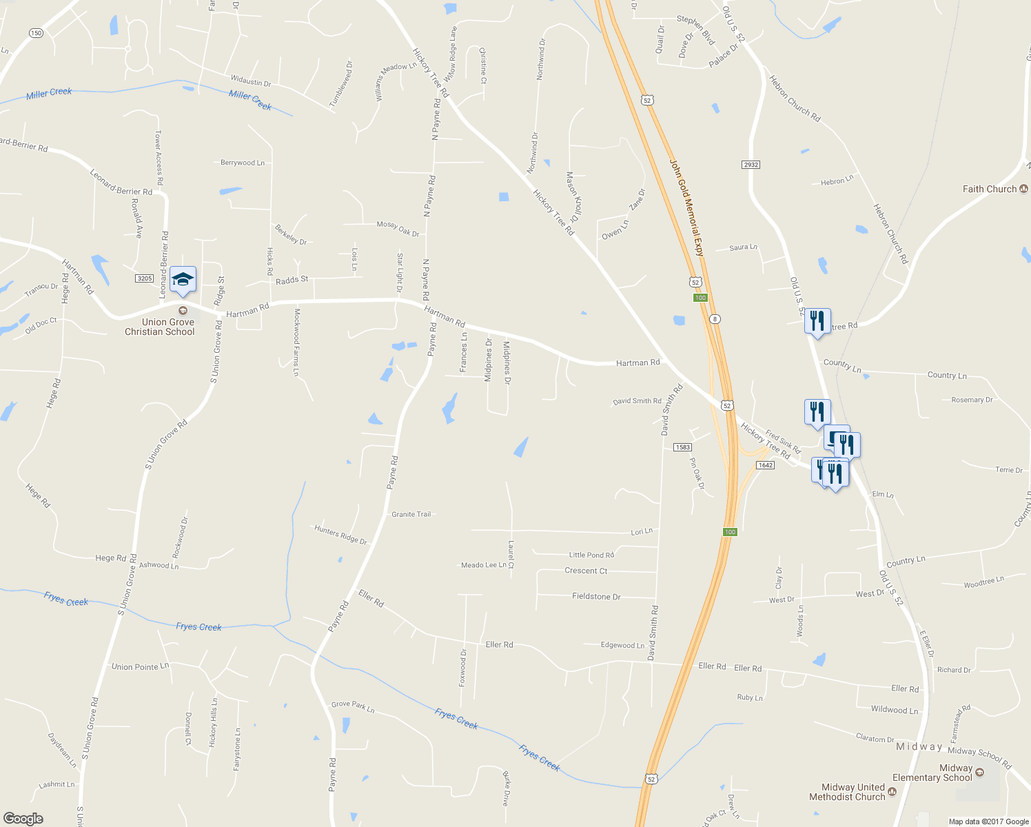 map of restaurants, bars, coffee shops, grocery stores, and more near 653 Hartman Road in Winston-Salem