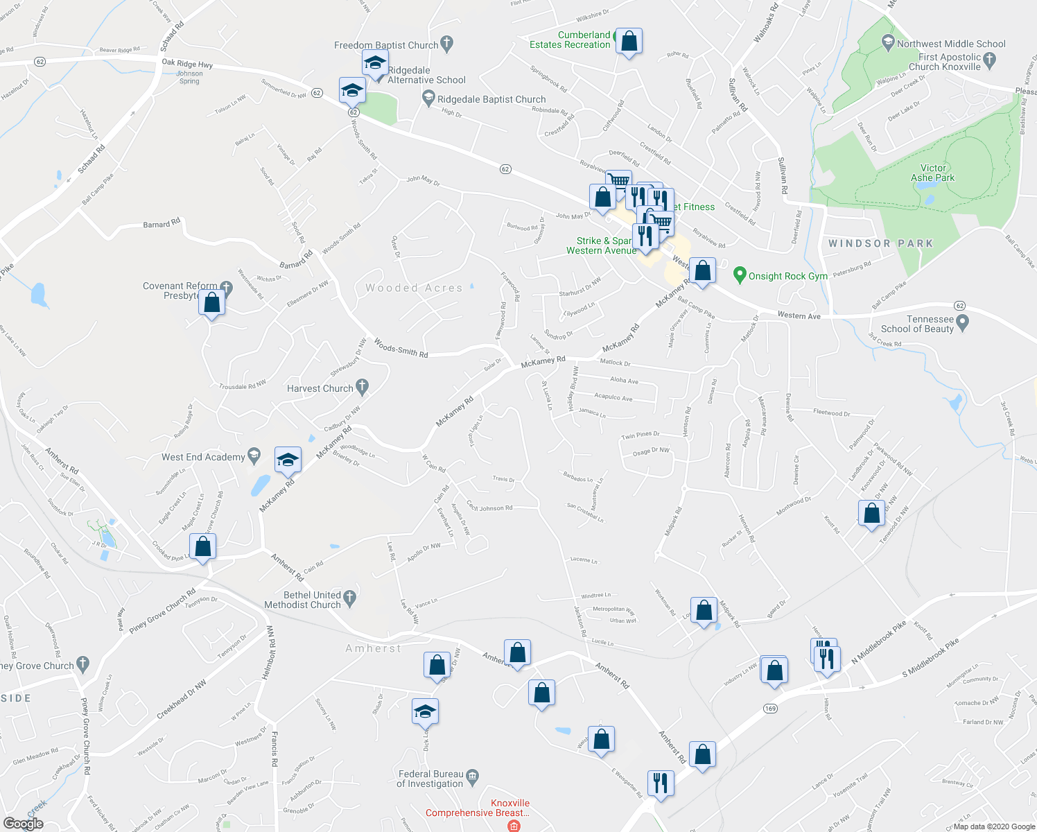 map of restaurants, bars, coffee shops, grocery stores, and more near 2059 Cecil Johnson Road Northwest in Knoxville