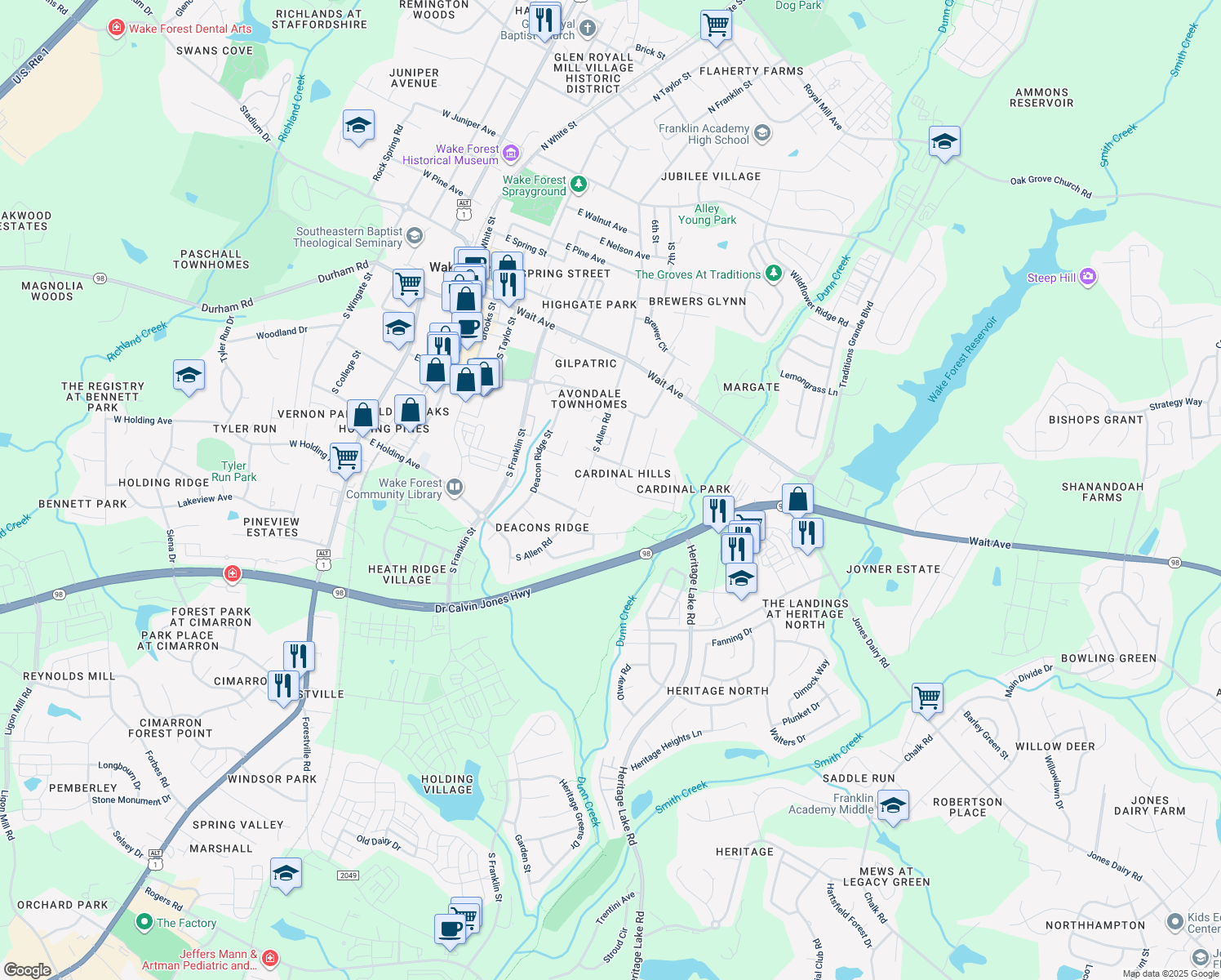 map of restaurants, bars, coffee shops, grocery stores, and more near 308 Mockingbird Lane in Wake Forest