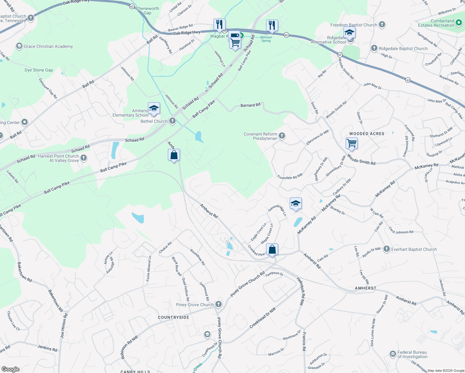 map of restaurants, bars, coffee shops, grocery stores, and more near 2917 Oakleigh Township Drive in Knoxville