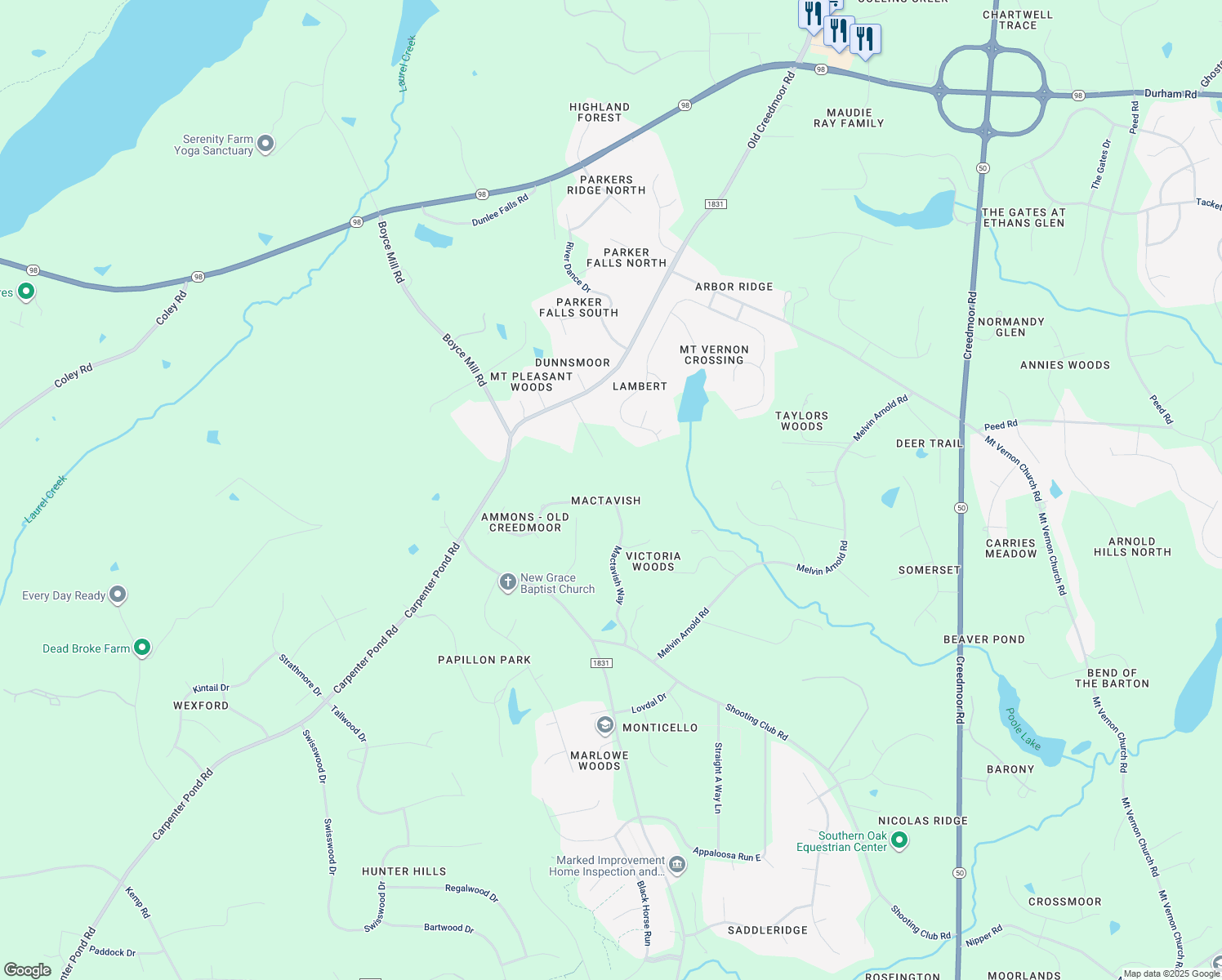 map of restaurants, bars, coffee shops, grocery stores, and more near 6929 Mactavish Way in Raleigh