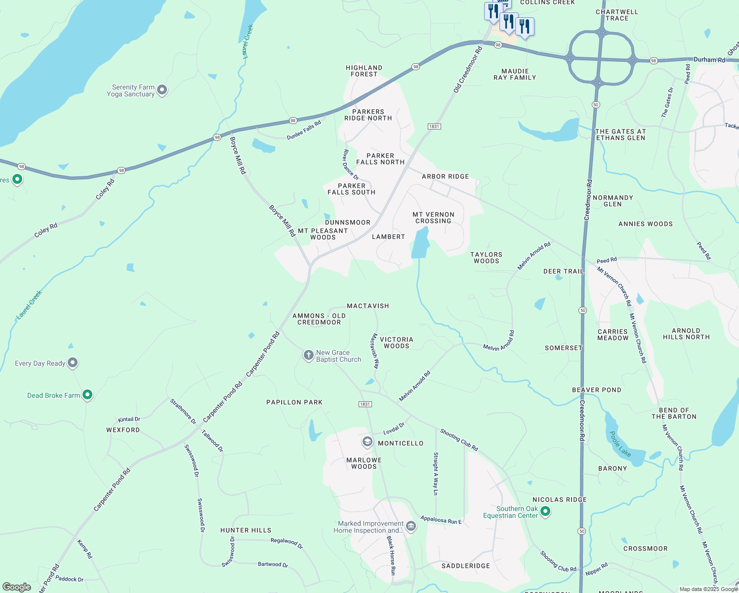 map of restaurants, bars, coffee shops, grocery stores, and more near 6929 Mactavish Way in Raleigh