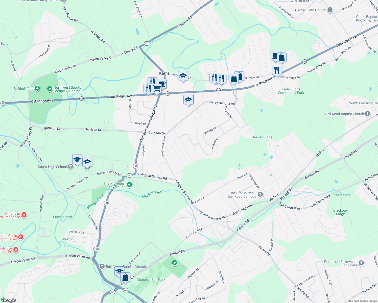 map of restaurants, bars, coffee shops, grocery stores, and more near 2513 Sherwin Road in Knoxville