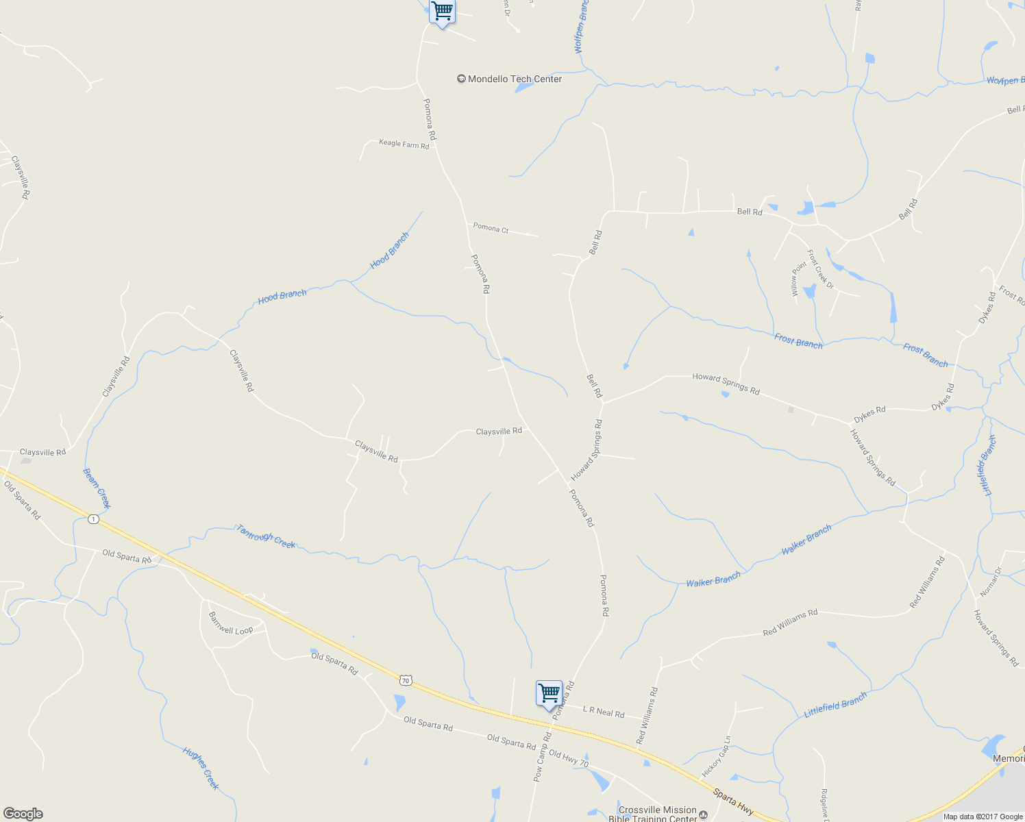 map of restaurants, bars, coffee shops, grocery stores, and more near 1243 Pomona Road in Crossville