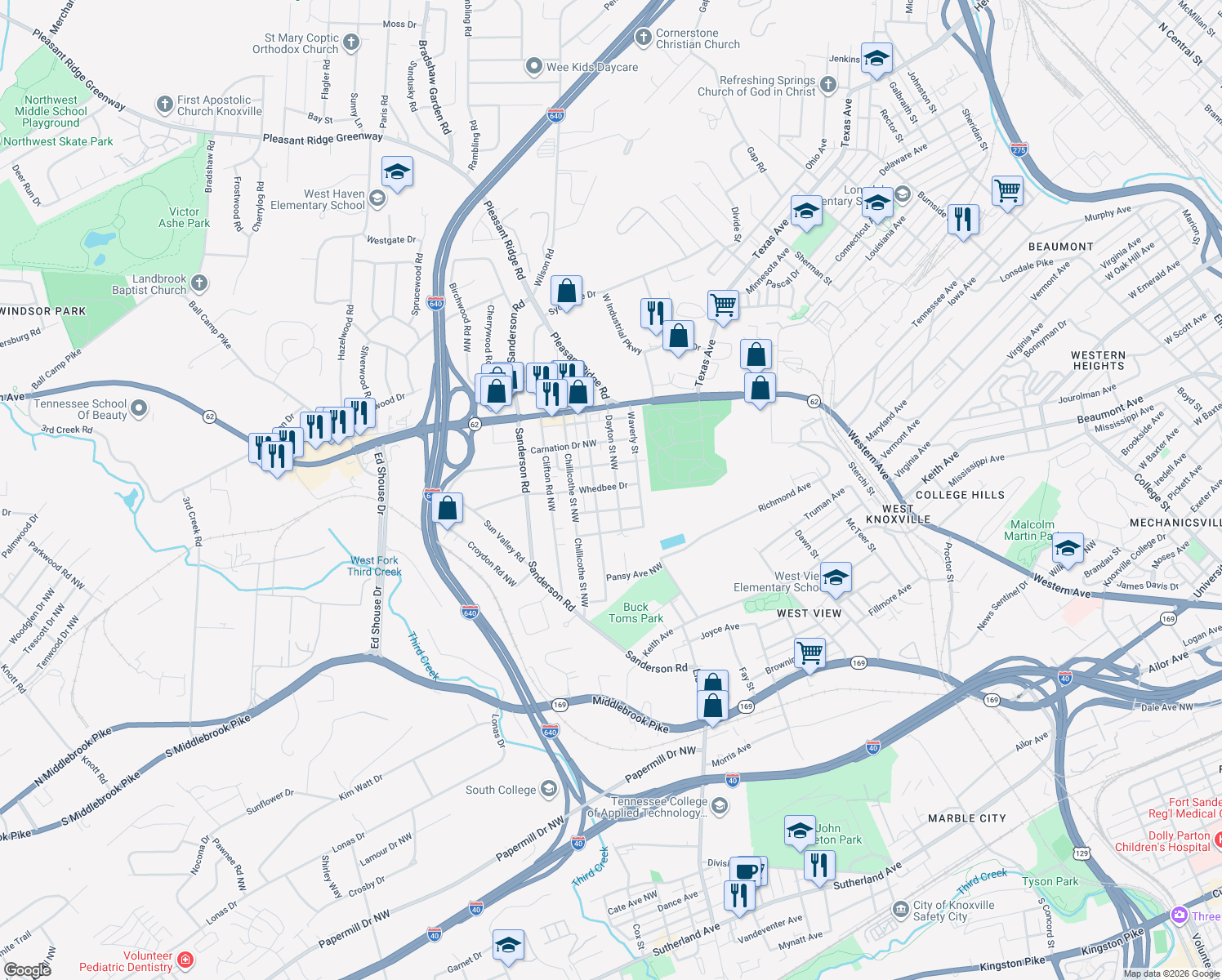 map of restaurants, bars, coffee shops, grocery stores, and more near 2523 Dayton St in Knoxville