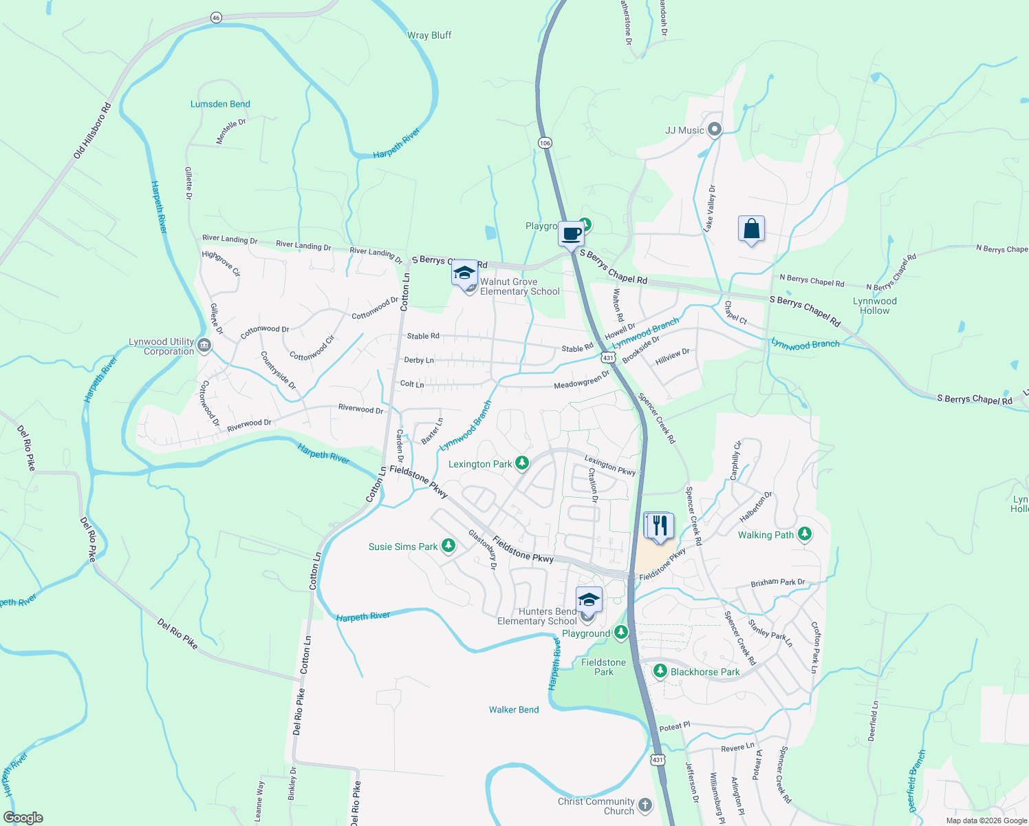 map of restaurants, bars, coffee shops, grocery stores, and more near 2302 Wimbledon Cir in Franklin