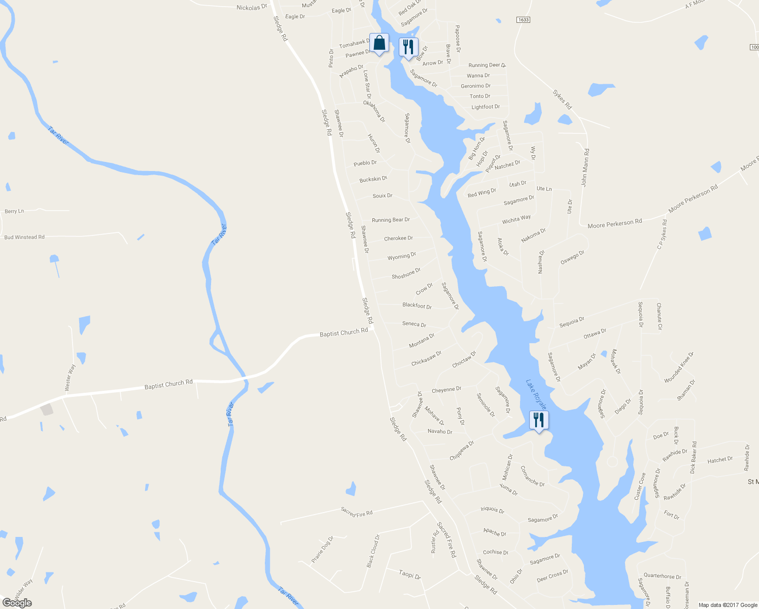 map of restaurants, bars, coffee shops, grocery stores, and more near 101 Blackfoot Drive in Louisburg