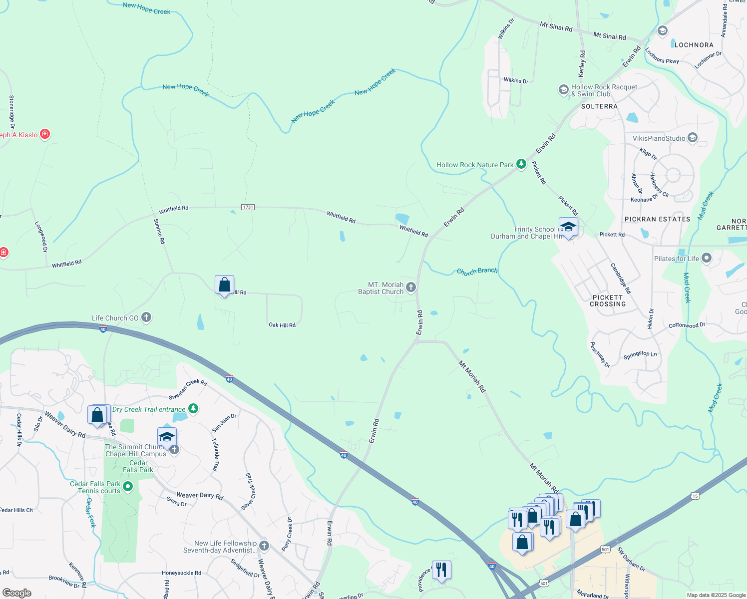 map of restaurants, bars, coffee shops, grocery stores, and more near 4911 Timberly Drive in Durham