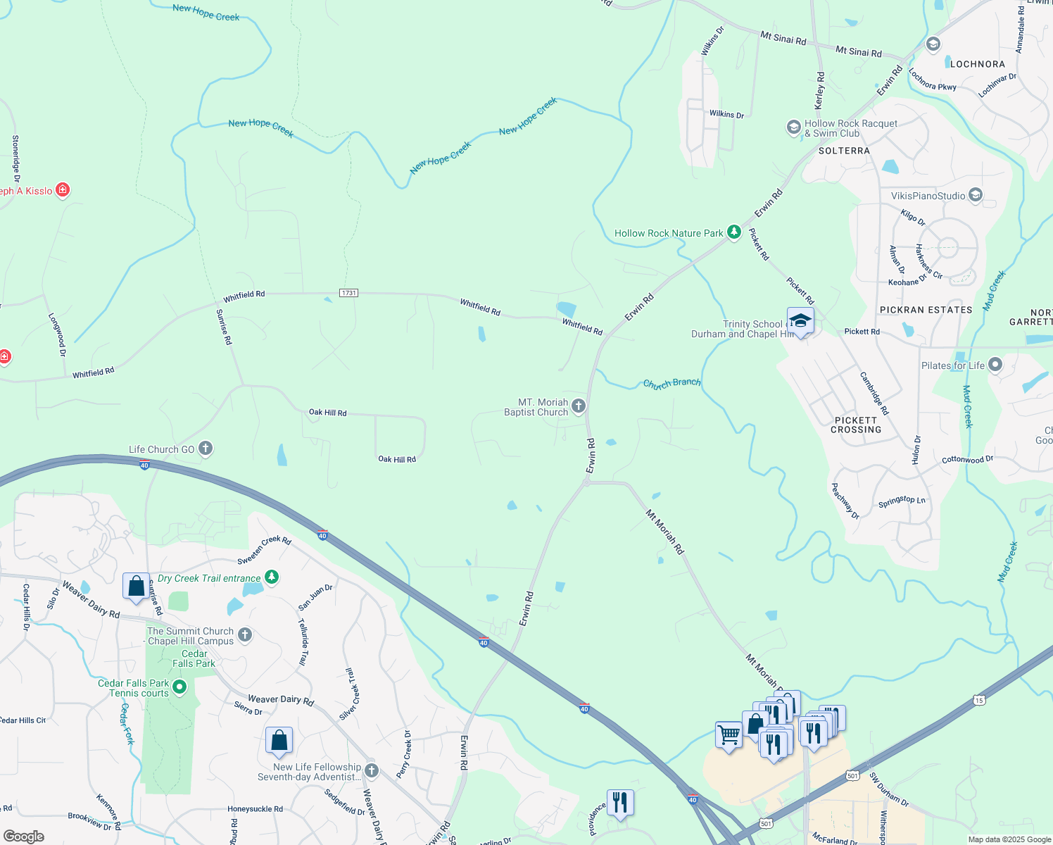 map of restaurants, bars, coffee shops, grocery stores, and more near 4911 Timberly Drive in Durham