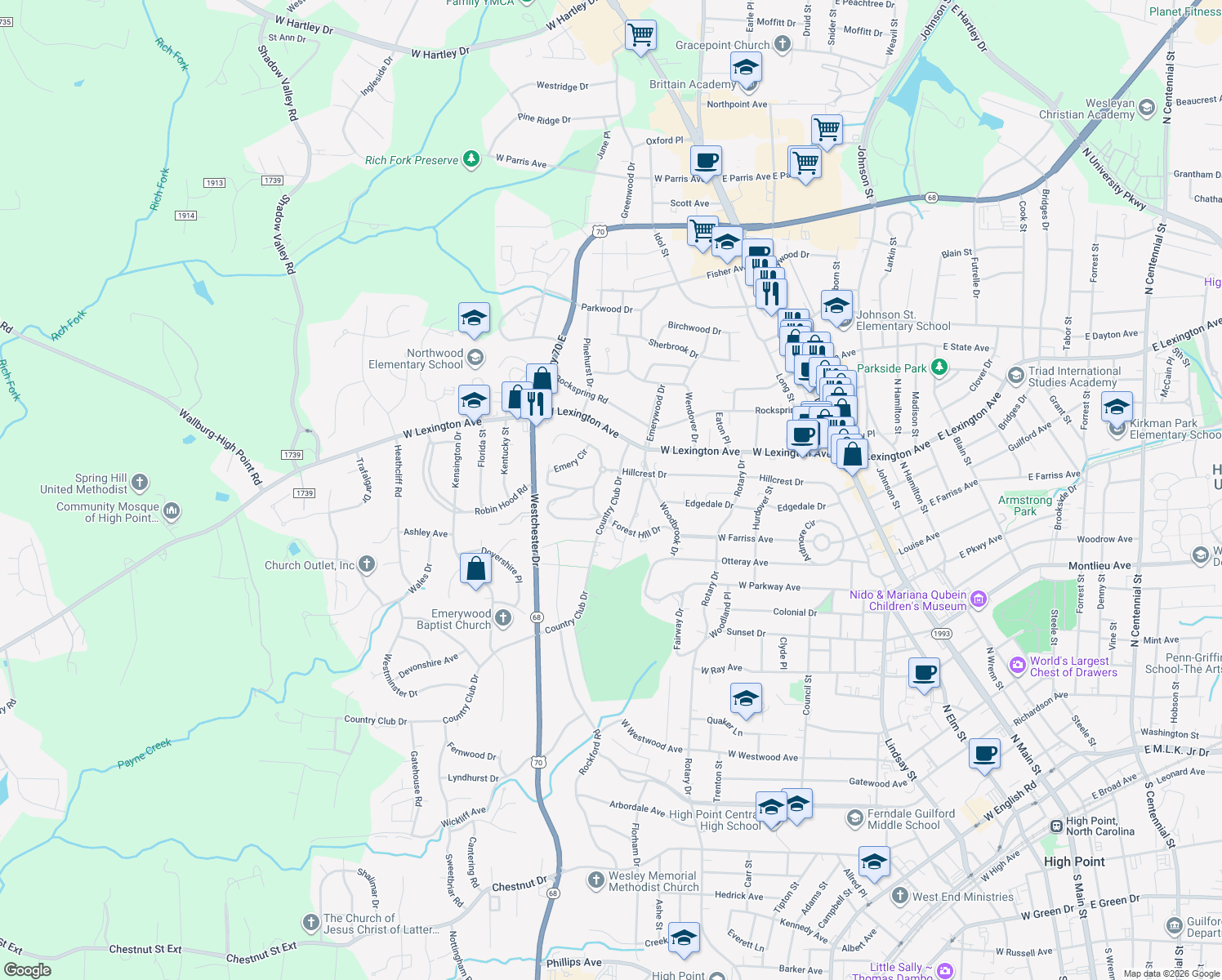 map of restaurants, bars, coffee shops, grocery stores, and more near 1009 Country Club Dr in High Point