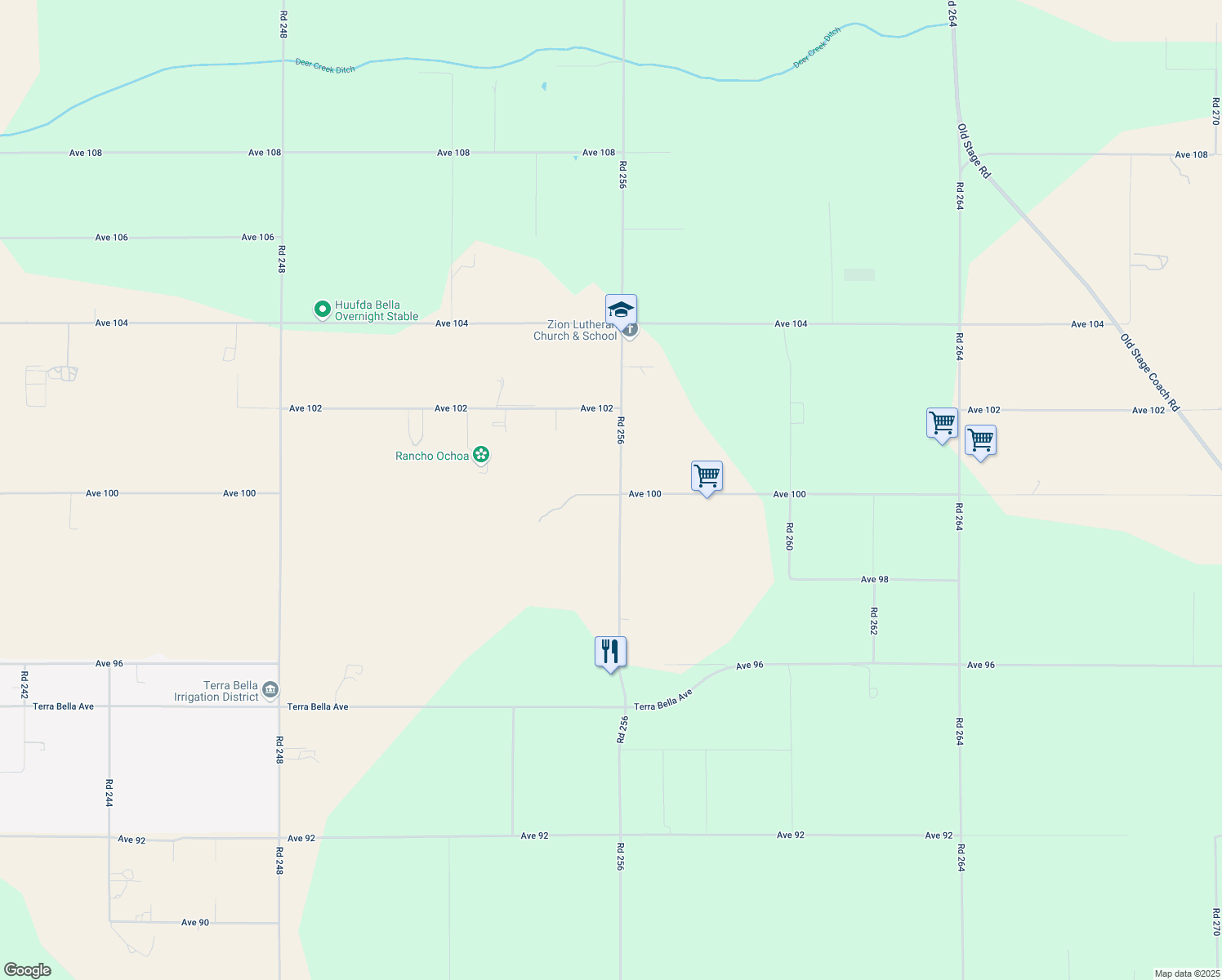 map of restaurants, bars, coffee shops, grocery stores, and more near 10007 Road 256 in Terra Bella