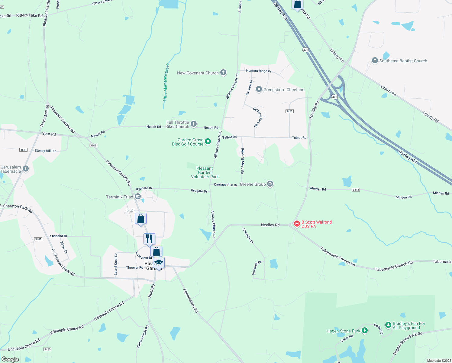 map of restaurants, bars, coffee shops, grocery stores, and more near 1407 Carriage Run Dr in Pleasant Garden