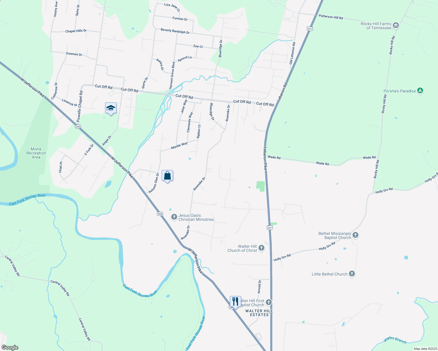 map of restaurants, bars, coffee shops, grocery stores, and more near 323 Winter Way in Murfreesboro