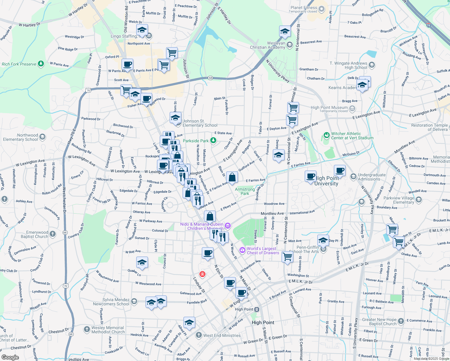 map of restaurants, bars, coffee shops, grocery stores, and more near 415 East Farriss Avenue in High Point