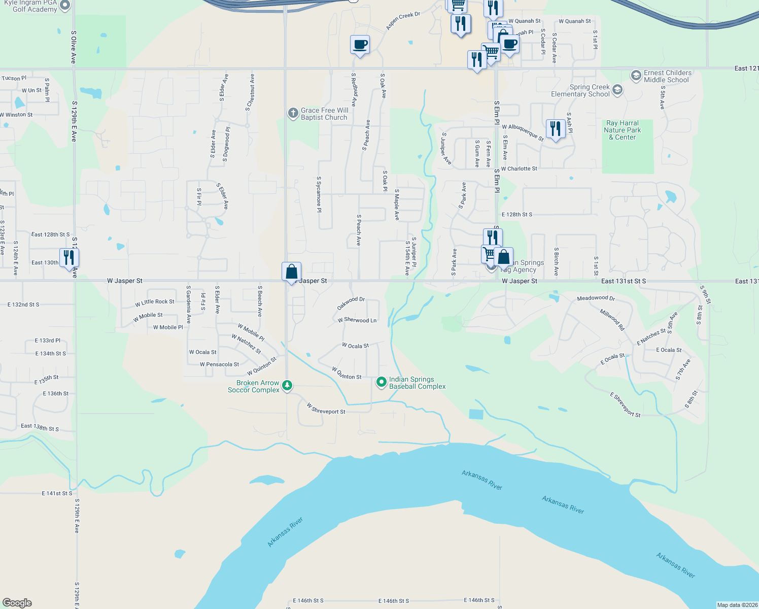 map of restaurants, bars, coffee shops, grocery stores, and more near 8413 South Willow Springs Court in Broken Arrow
