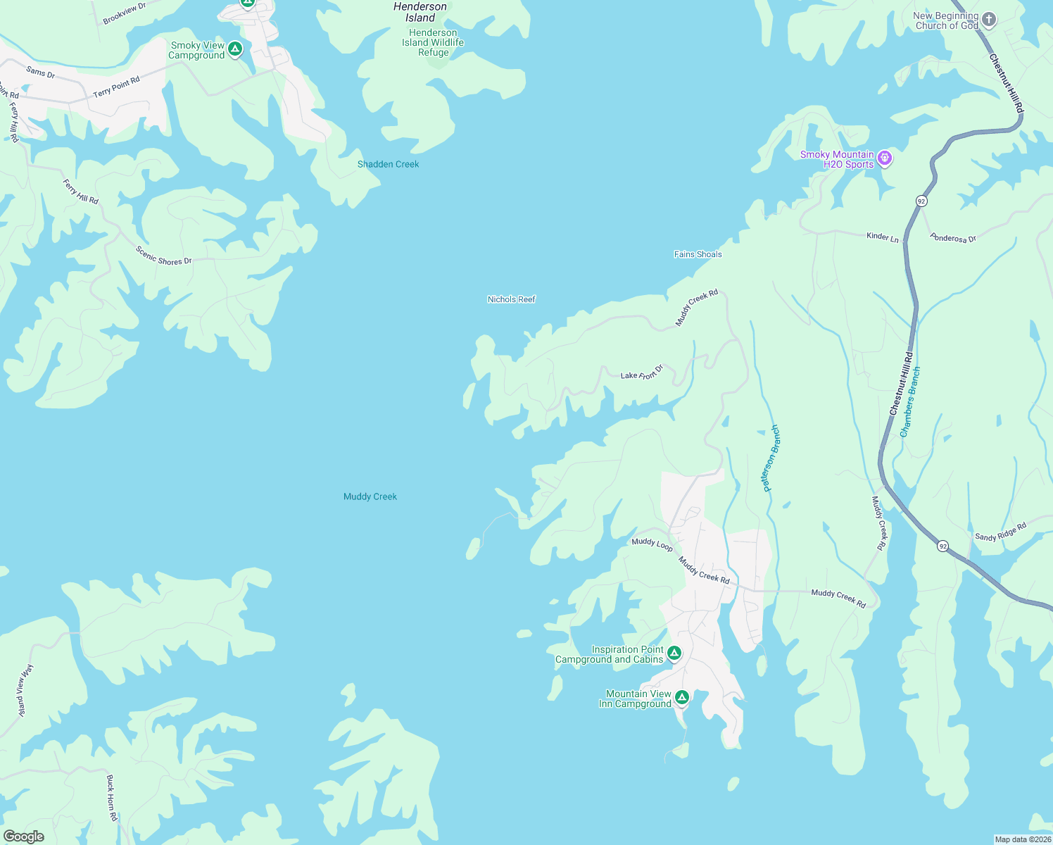 map of restaurants, bars, coffee shops, grocery stores, and more near 1385 Lake Front Drive in Dandridge