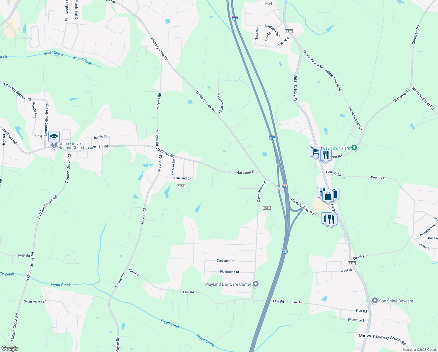 map of restaurants, bars, coffee shops, grocery stores, and more near 145 Carrington Lane in Winston Salem