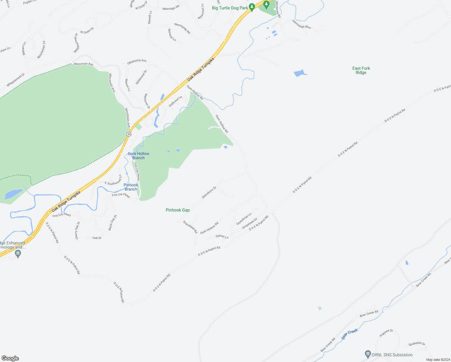 map of restaurants, bars, coffee shops, grocery stores, and more near 116 Glassboro Drive in Oak Ridge