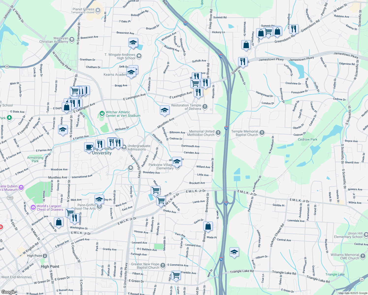 map of restaurants, bars, coffee shops, grocery stores, and more near 1200 Dartmouth Avenue in High Point