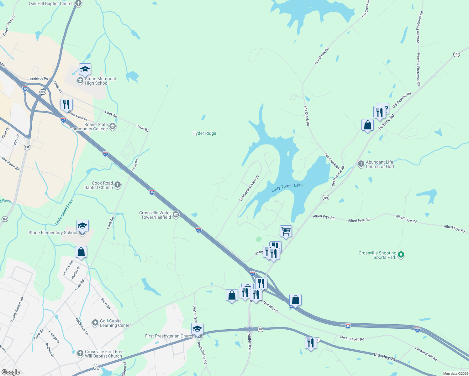 map of restaurants, bars, coffee shops, grocery stores, and more near 1024 Cumberland View Drive in Crossville