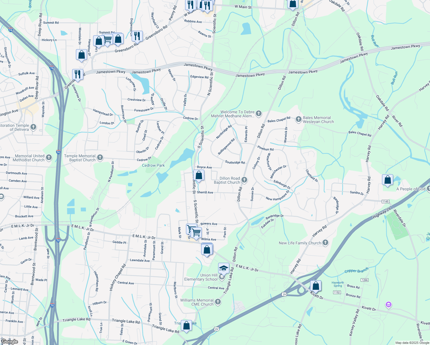 map of restaurants, bars, coffee shops, grocery stores, and more near 406 Amberly Dr in Jamestown