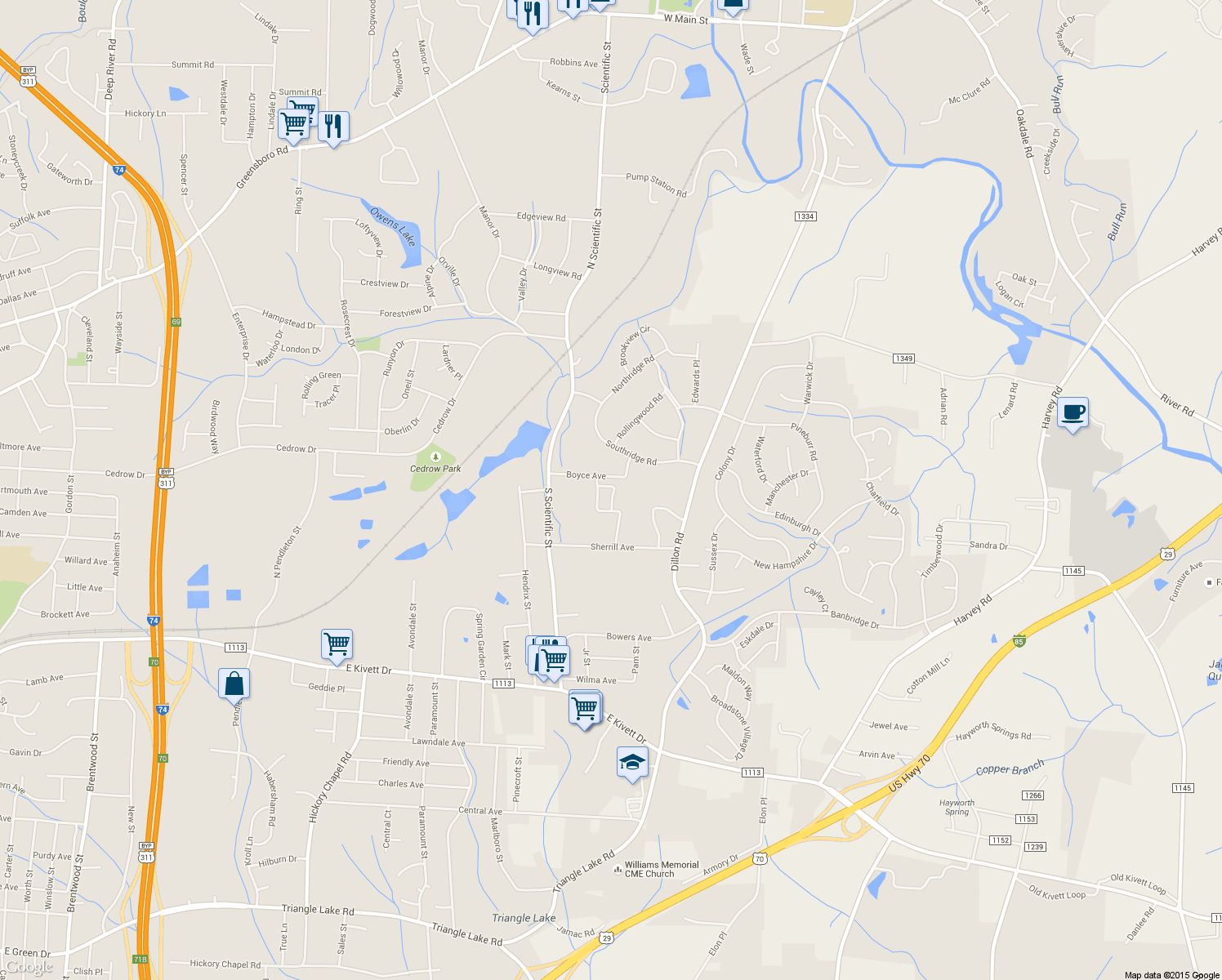 map of restaurants, bars, coffee shops, grocery stores, and more near 433 Amberly Drive in Jamestown