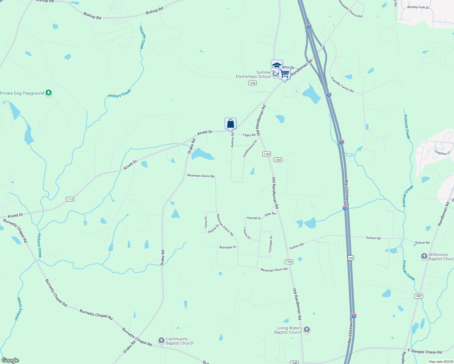 map of restaurants, bars, coffee shops, grocery stores, and more near 5326 Audrey Road in Greensboro