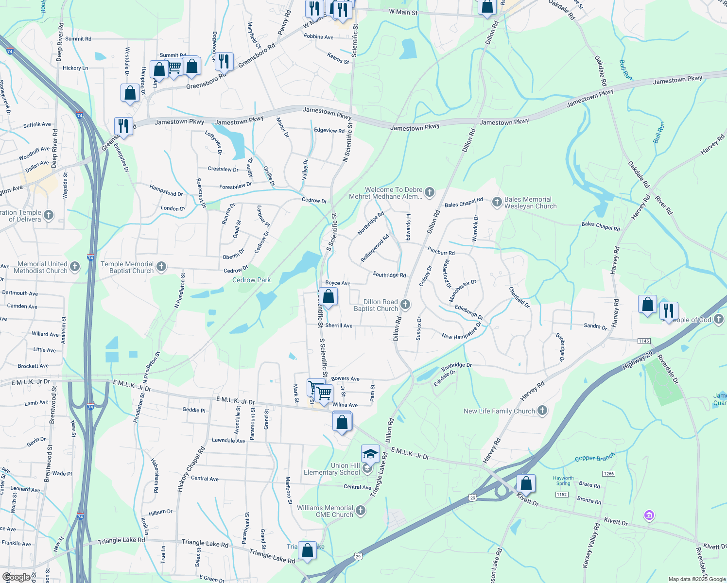 map of restaurants, bars, coffee shops, grocery stores, and more near 419 Amberly Drive in Jamestown