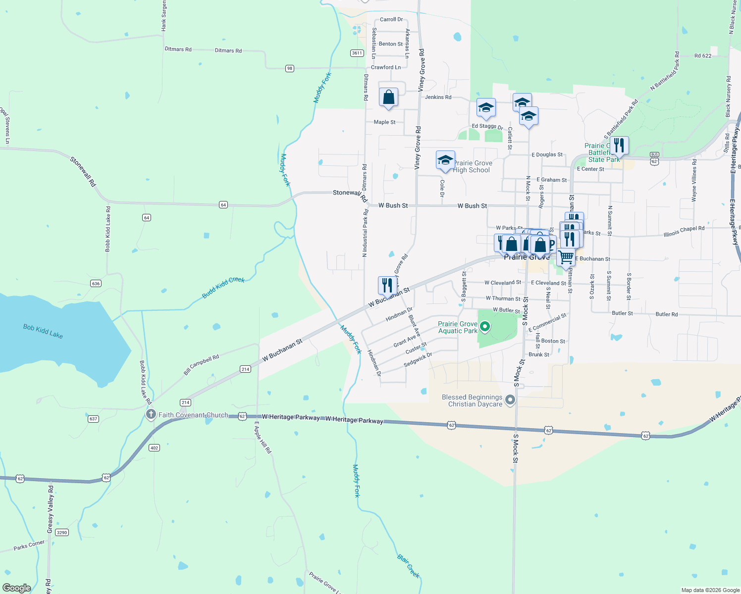 map of restaurants, bars, coffee shops, grocery stores, and more near 291 South Industrial Park Road in Prairie Grove