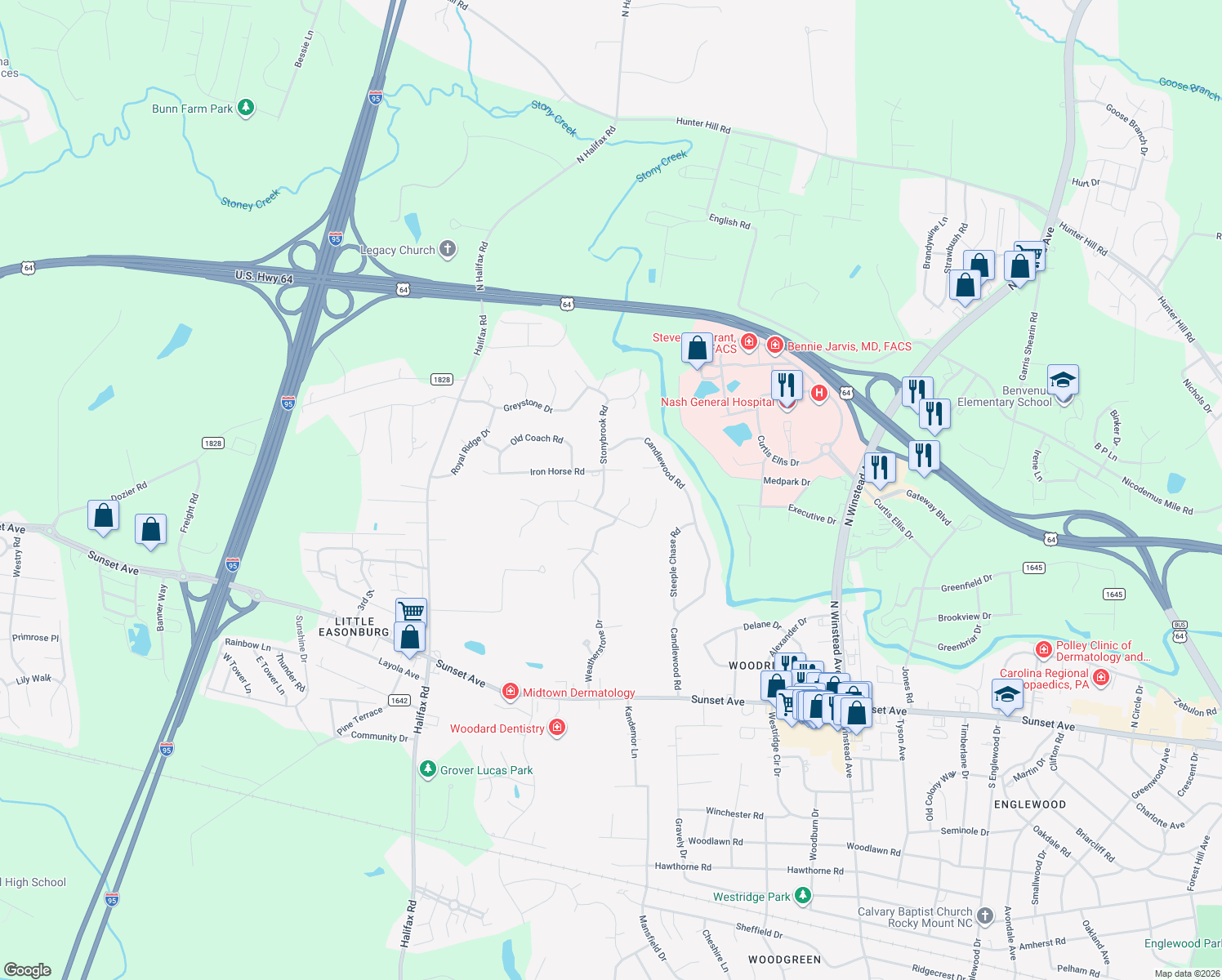 map of restaurants, bars, coffee shops, grocery stores, and more near 109 Stonybrook Rd in Rocky Mt