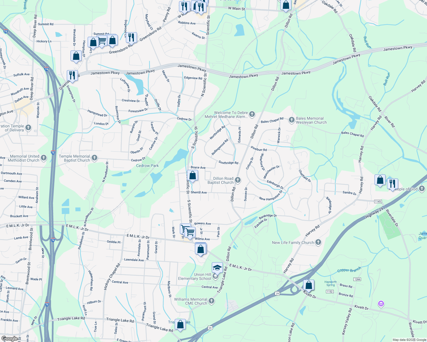 map of restaurants, bars, coffee shops, grocery stores, and more near 417 Amberly Drive in Jamestown