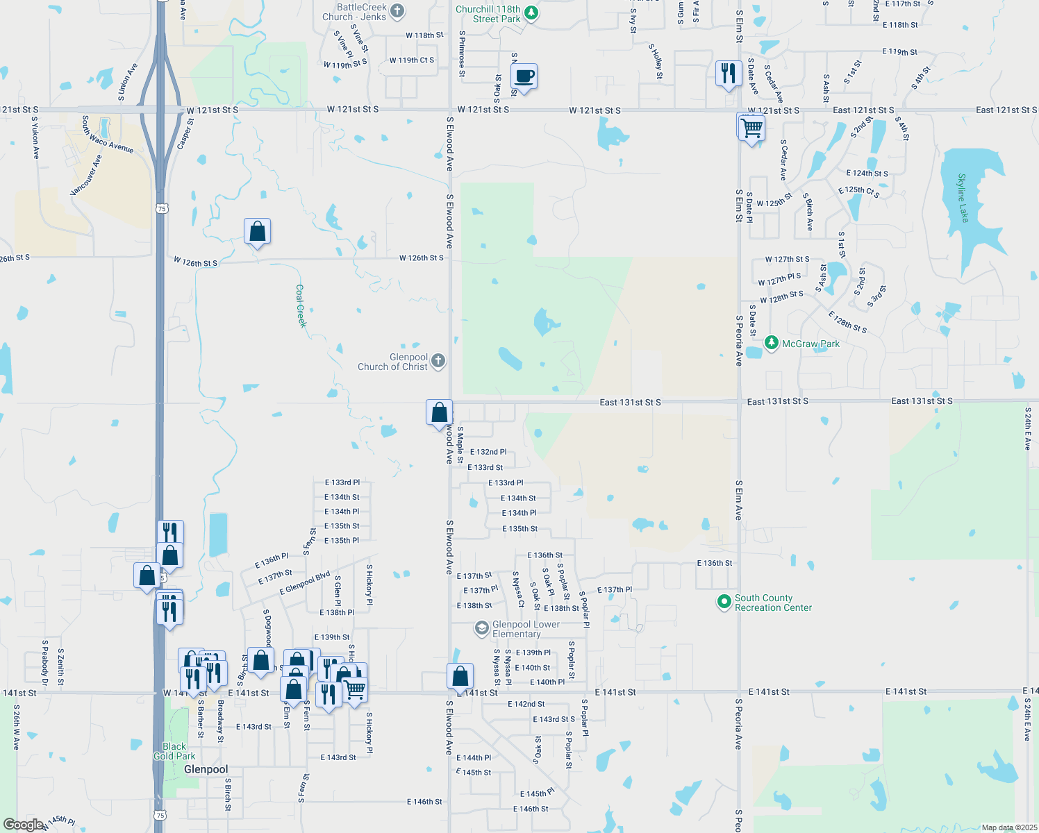map of restaurants, bars, coffee shops, grocery stores, and more near 13137 South Oak Place in Glenpool