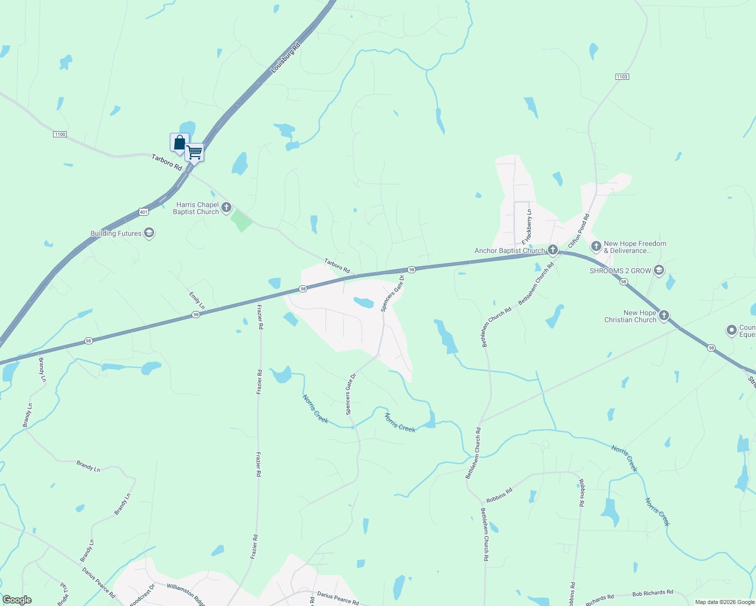 map of restaurants, bars, coffee shops, grocery stores, and more near 90 Spencer Gate Drive in Youngsville