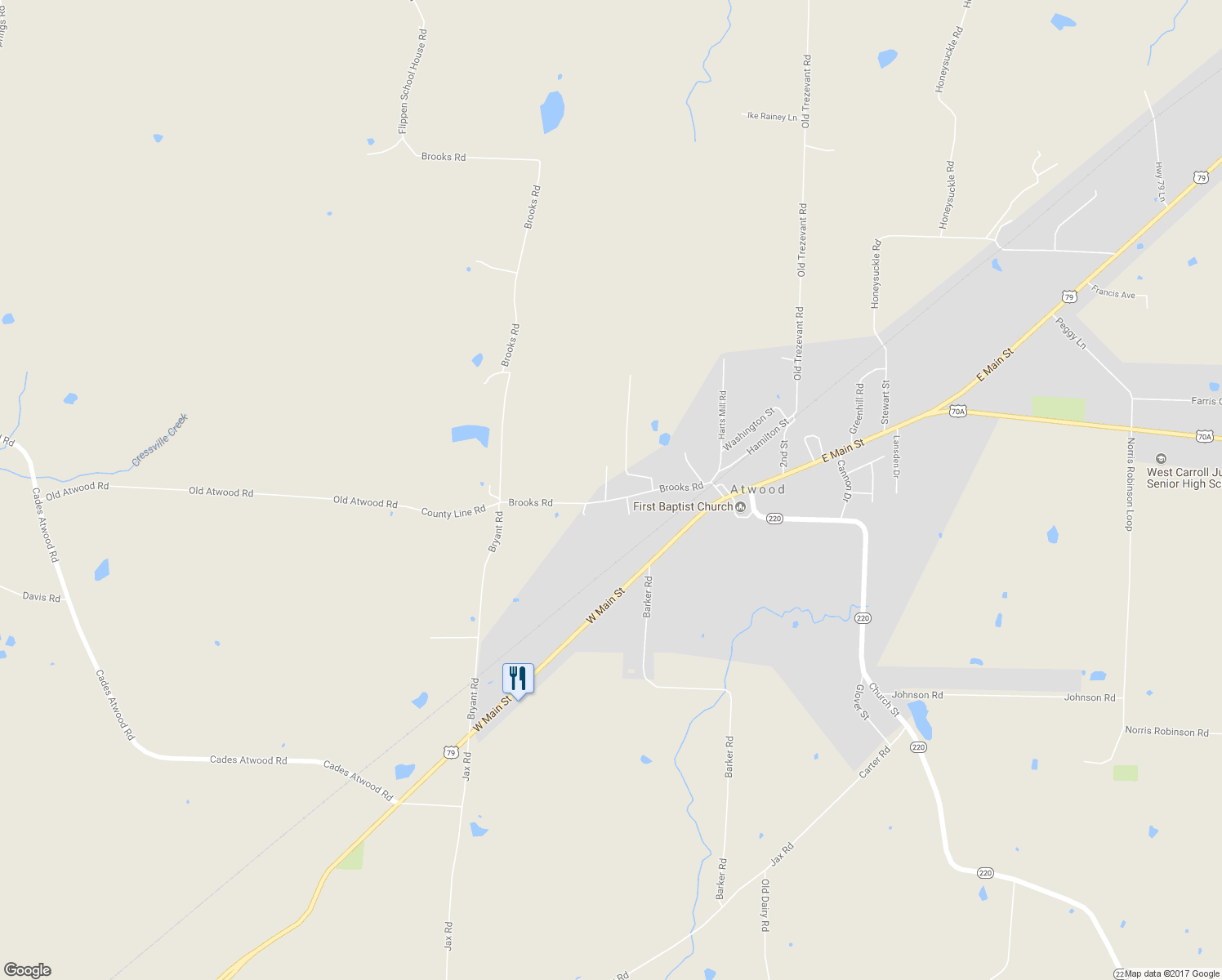 map of restaurants, bars, coffee shops, grocery stores, and more near 310 Brooks Road in Atwood