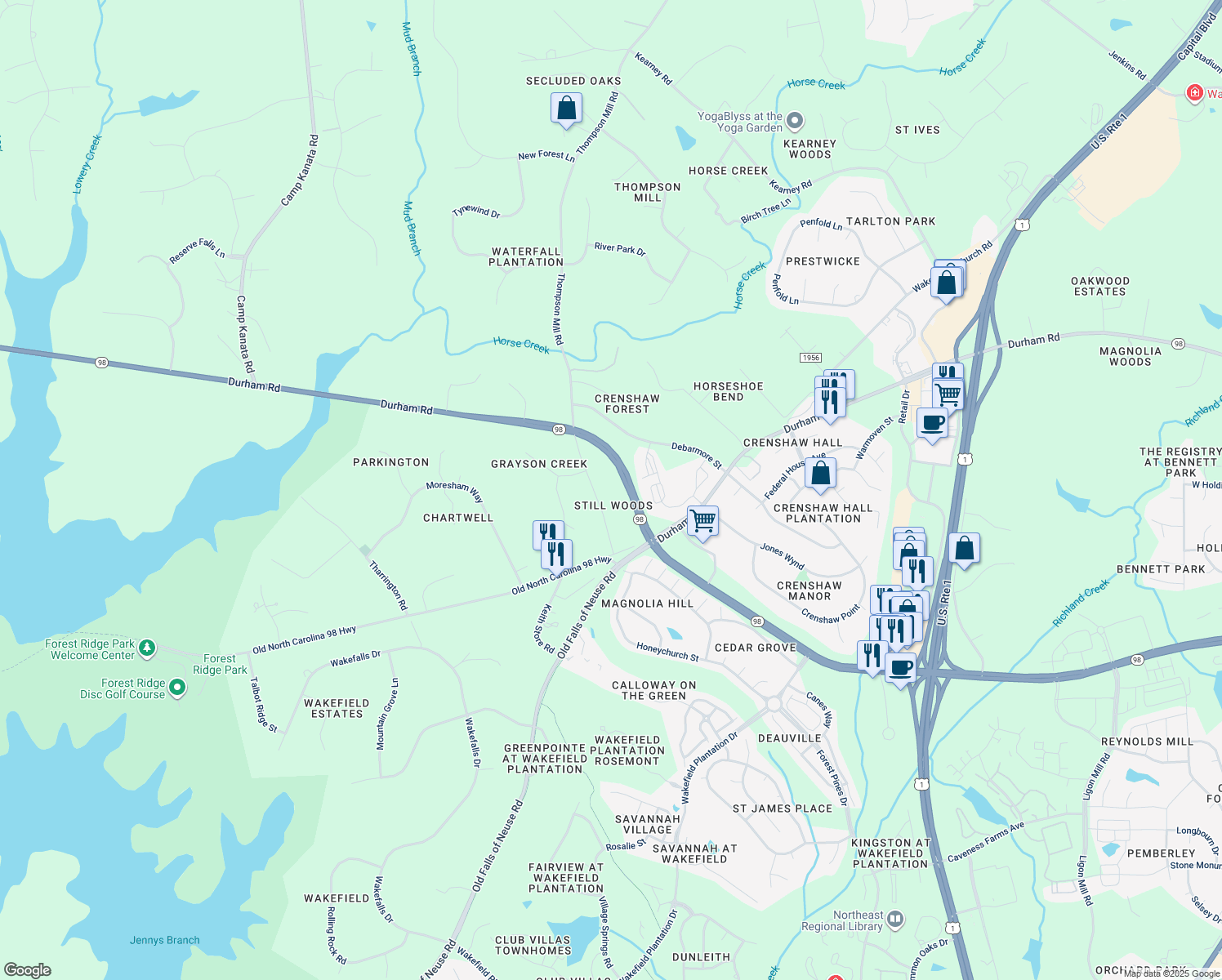 map of restaurants, bars, coffee shops, grocery stores, and more near 7036 Thompson Mill Rd in Wake Forest