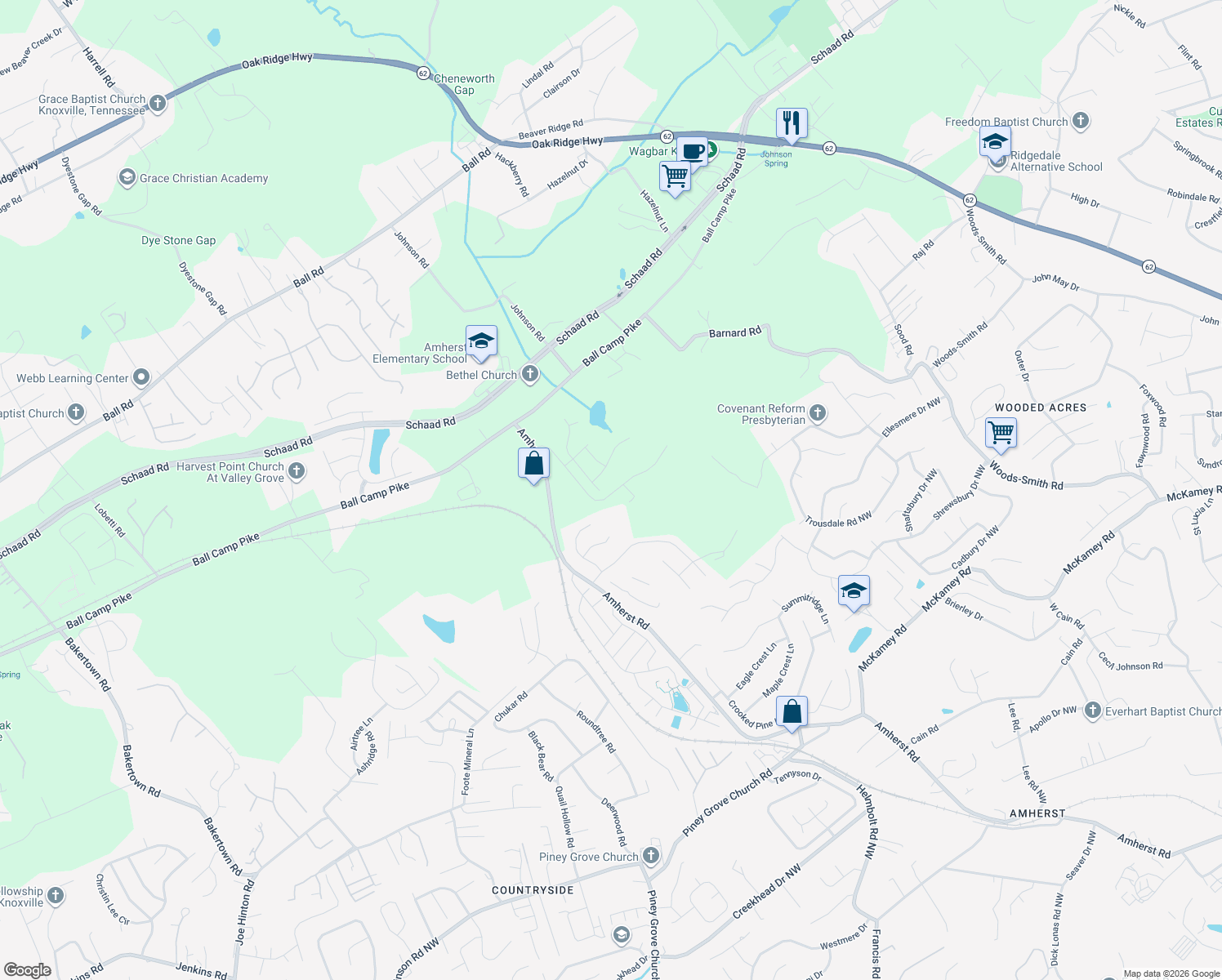 map of restaurants, bars, coffee shops, grocery stores, and more near 2921 Bradley Lake Lane Northwest in Knoxville